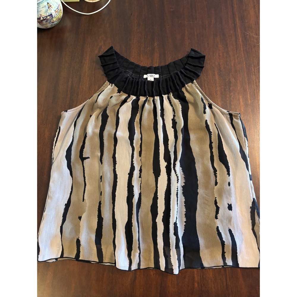 Cato‎ Womens XL Sleeveless Blouse Abstract Stripe Ruffle Neck Pleated Tank Top